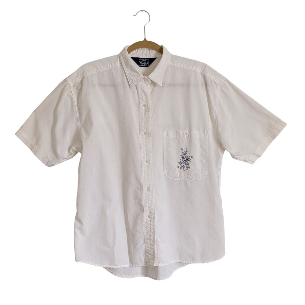 Woolrich Vintage 80s White Botanical Floral Embroidered Button Up Cotton Shirt